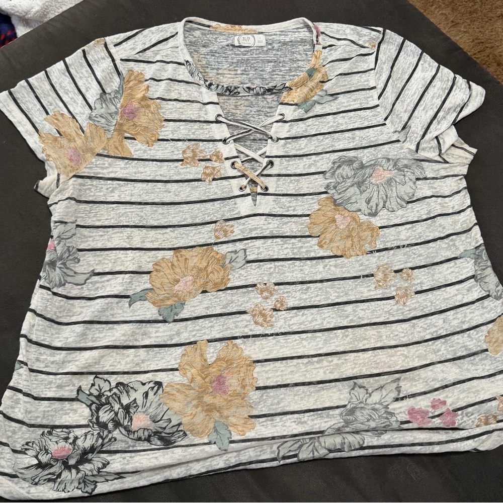 Maurices Gray Floral Lace-Up Striped Top